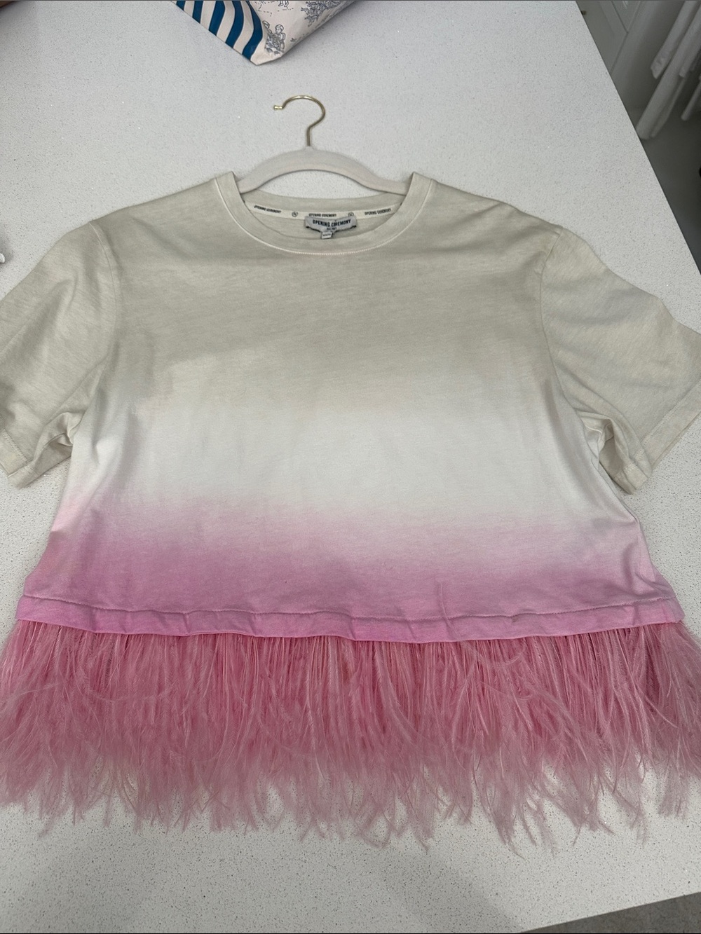 Opening Ceremony Cream to Pink Ombre Tee with Pink Feather Trim